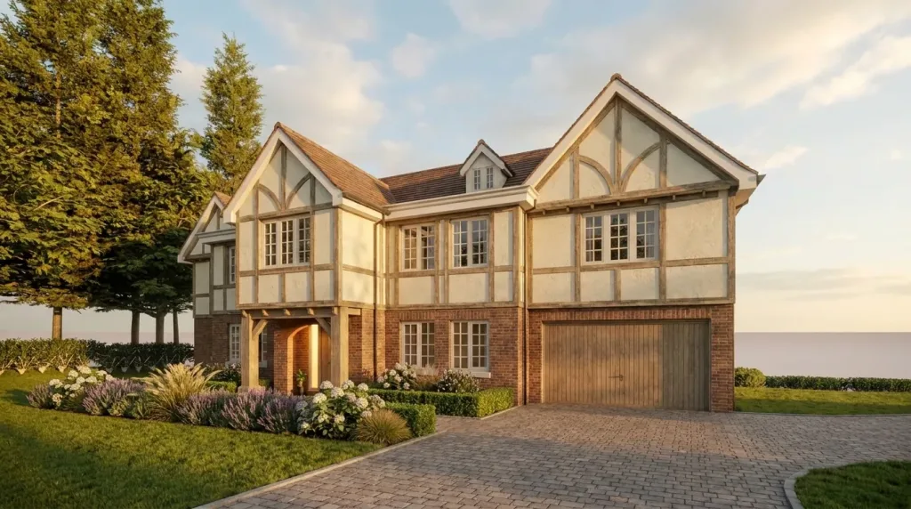 Springfield - Oxted - New Build - Front render tudor oak frame