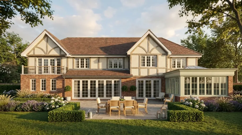 Springfield - Oxted - New Build - Rear view garden sun room and landscape